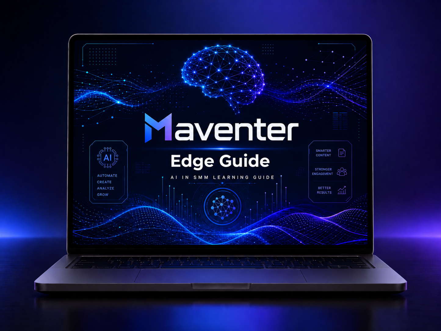 Laptop displaying the Maventer Edge Guide with a futuristic design on a dark background