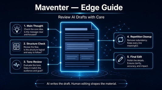 Maventer Edge Guide for reviewing AI drafts with care on a dark background