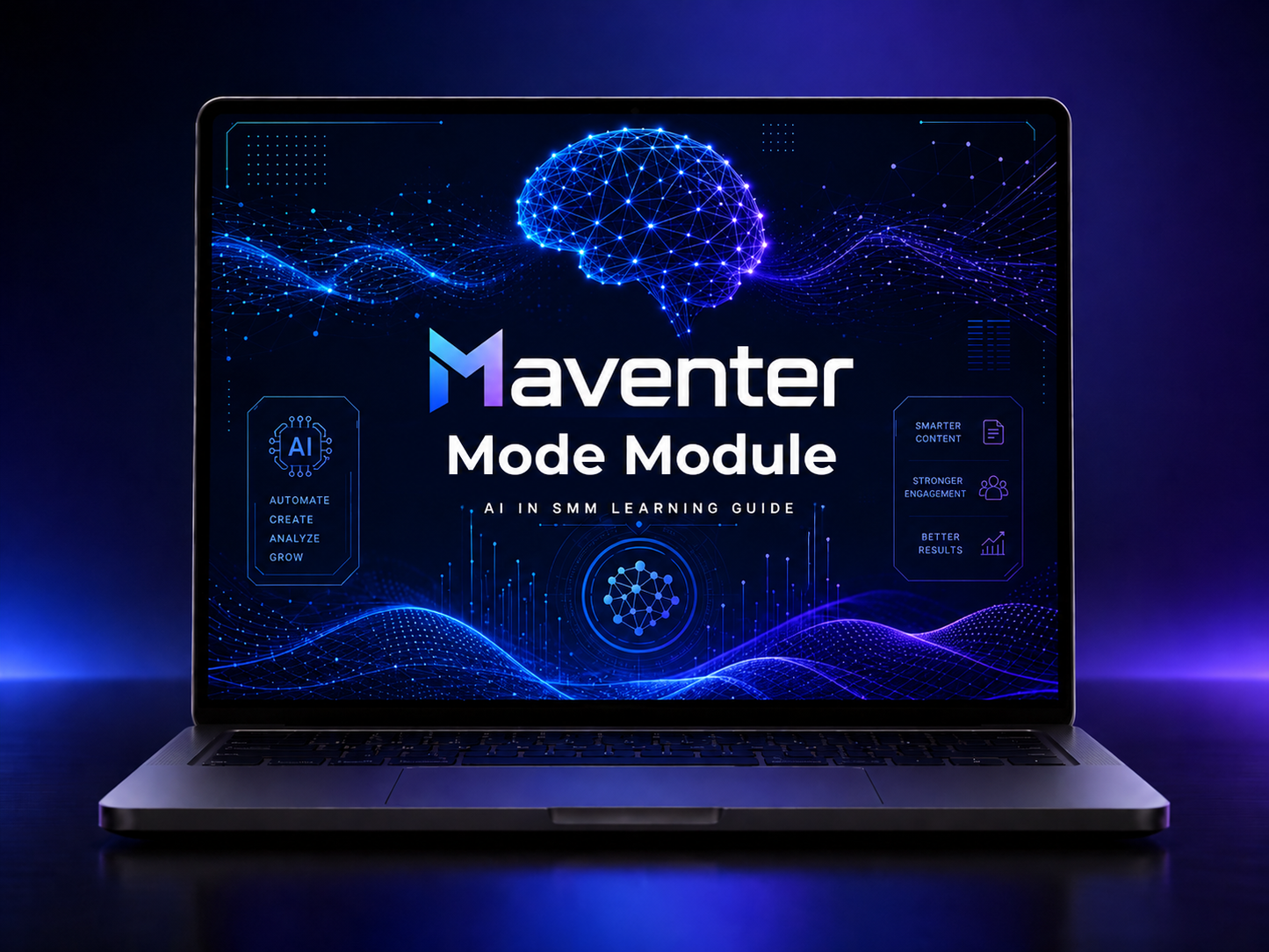 Laptop displaying the Maventer Mode Module interface with a brain graphic on a dark background