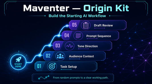 Maventer Origin Kit workflow diagram on a dark background with glowing elements.