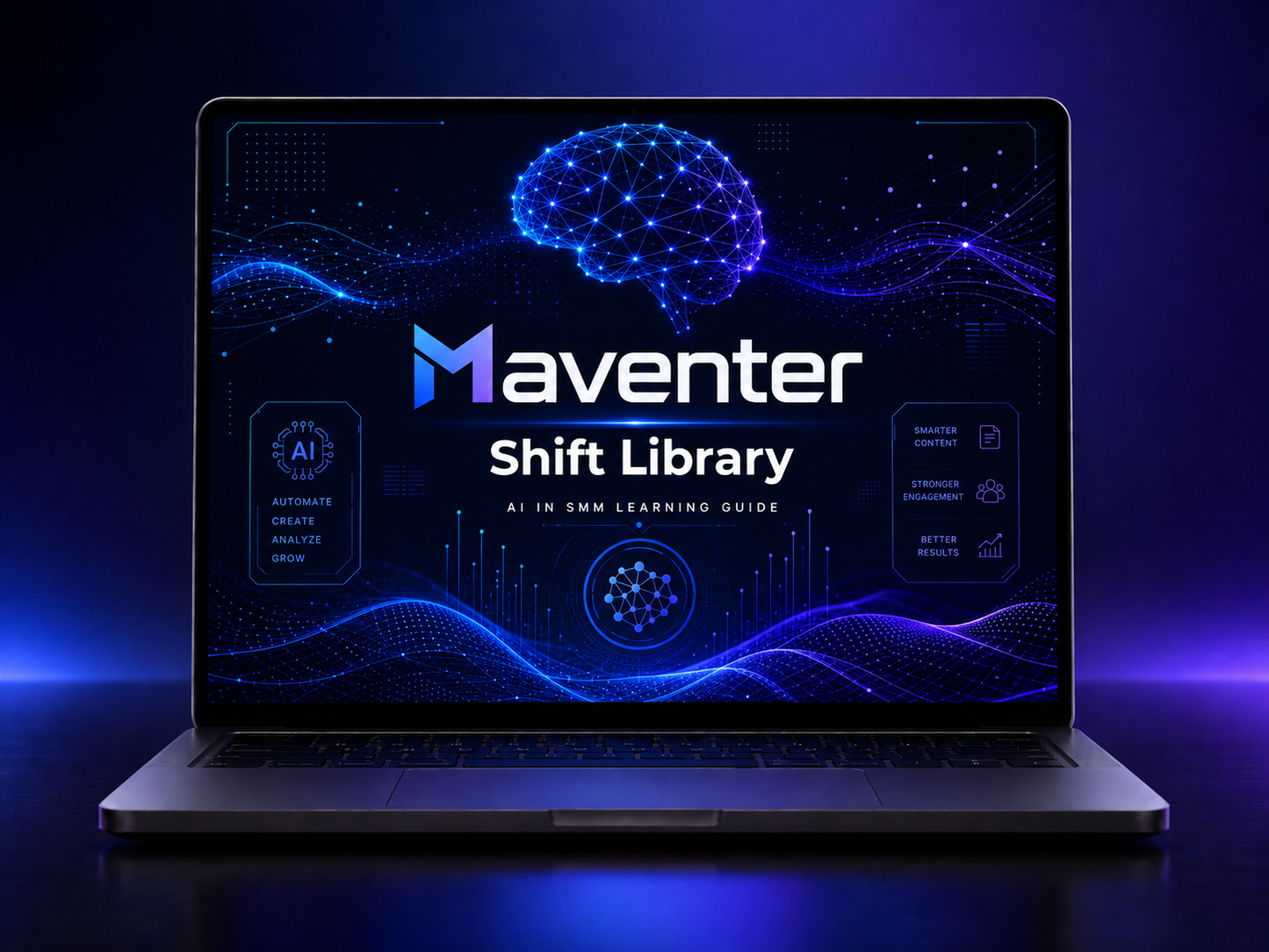 Laptop displaying the Maventer Shift Library interface with a brain and AI graphics on a dark background.