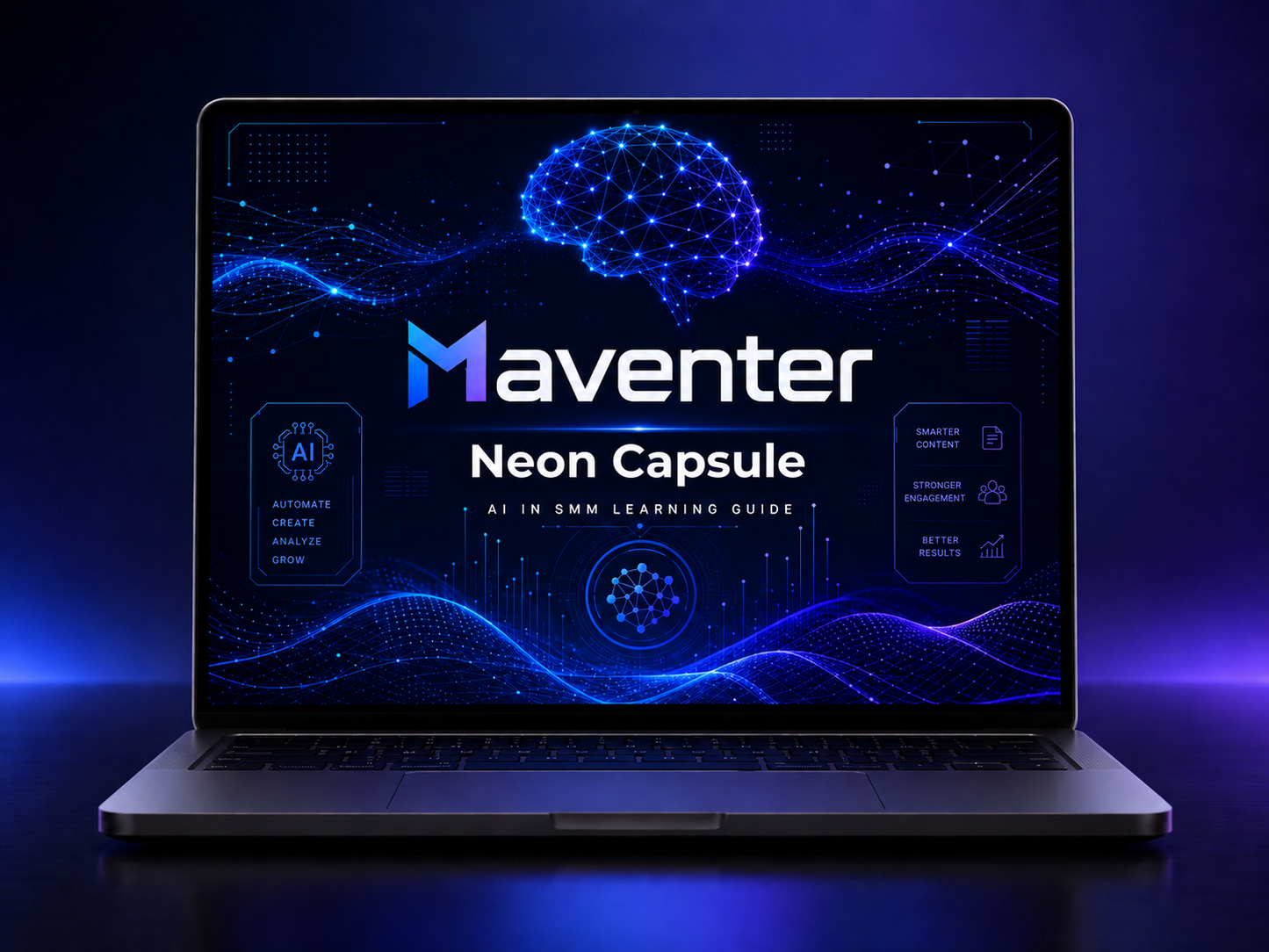 Laptop displaying the Maventer Neon Capsule interface on a dark background