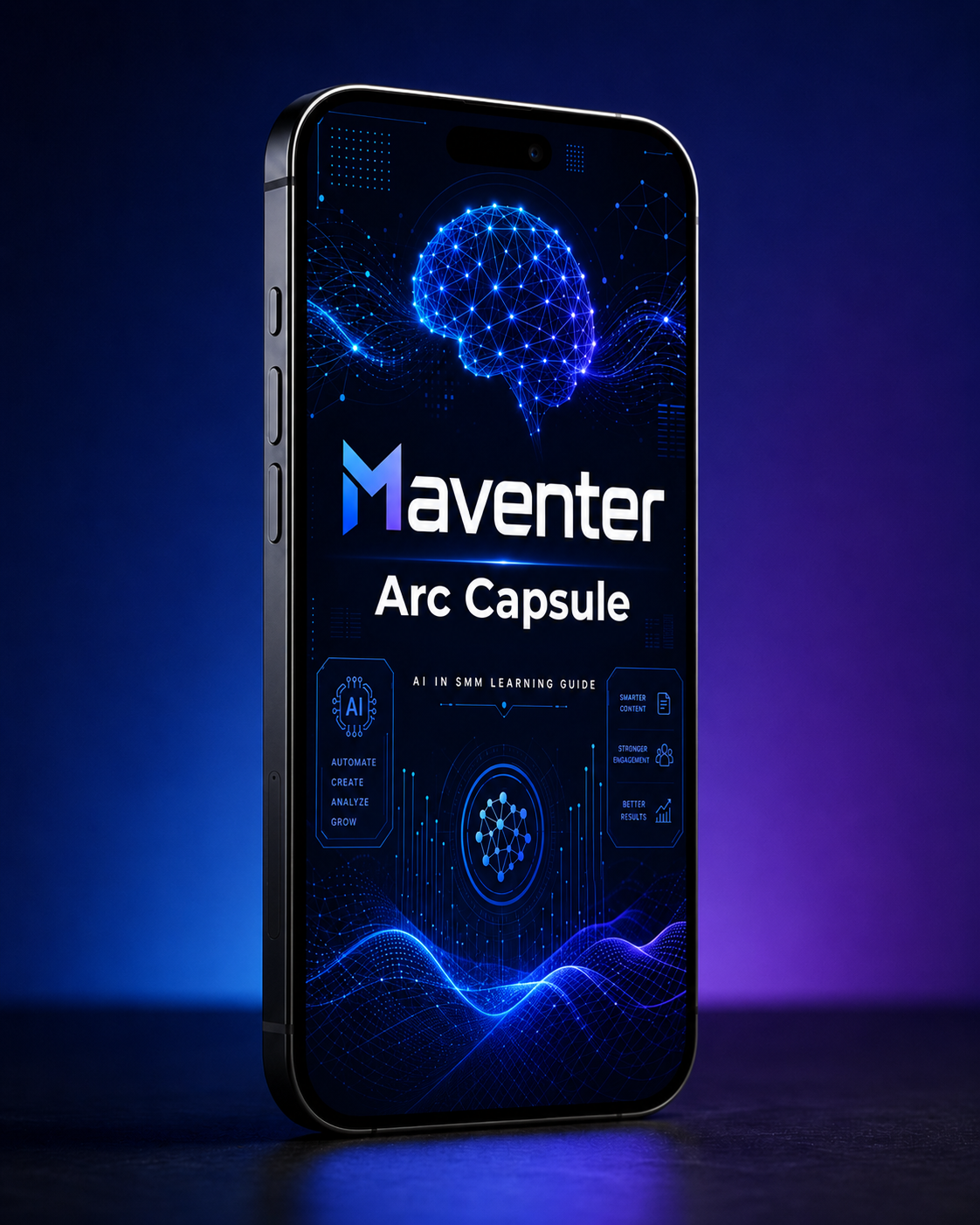 Smartphone displaying the Maventer Arc Capsule app with a blue and black theme on a dark background