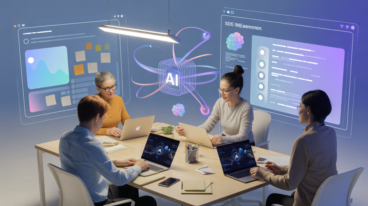 Group of people working around a table with laptops, surrounded by futuristic interface graphics.