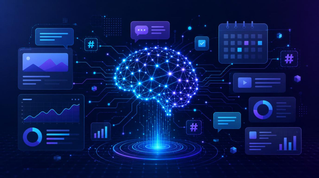 Neural network with brain-like structure and digital elements on a dark background