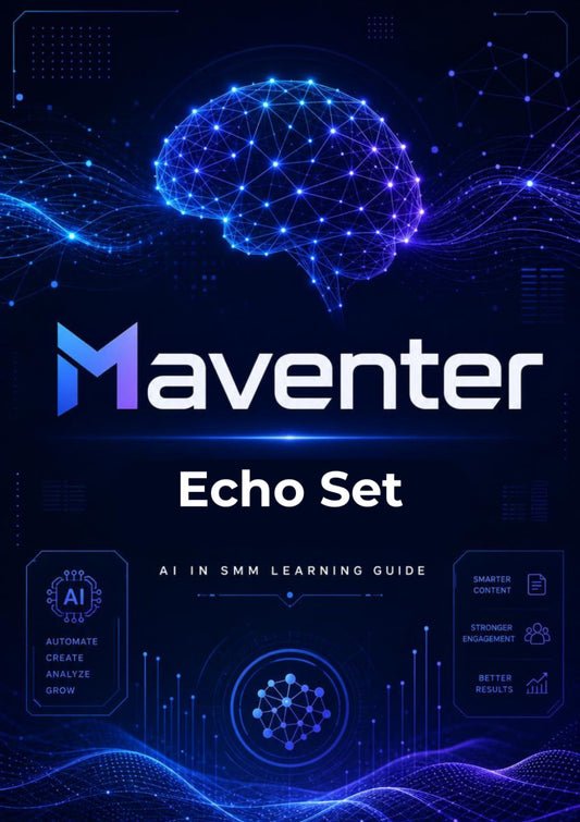 Maventer Echo Set AI in SMM Learning Guide with brain and network design on a dark background