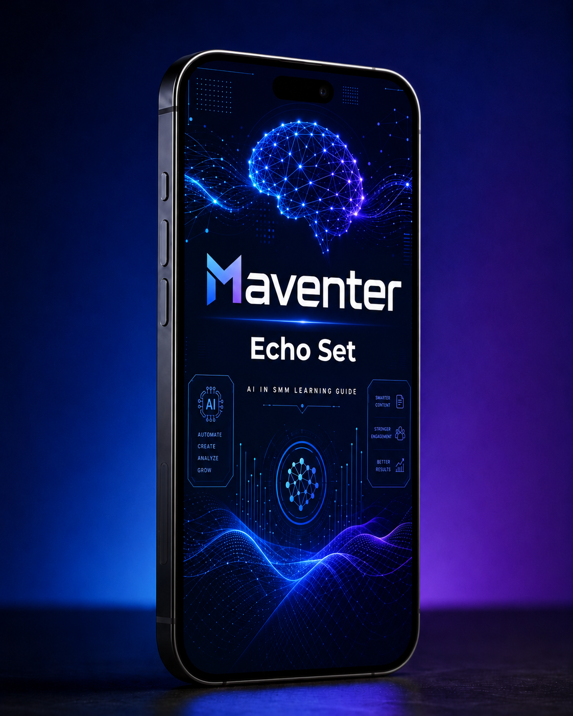 Smartphone displaying the Maventer Echo Set app with a futuristic interface on a dark background