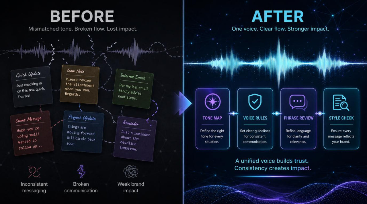 Before and after comparison of text and voice quality improvement tools with sound wave graphics.