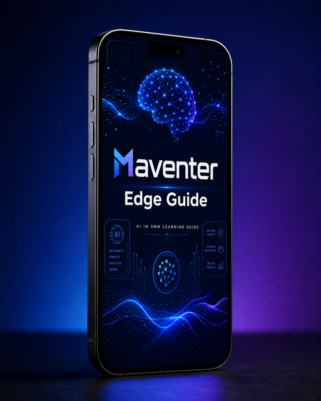 Phone displaying the Maventer Edge Guide with a blue and black theme