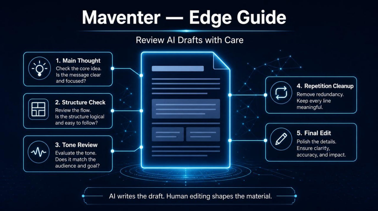 Maventer Edge Guide for reviewing AI drafts with care on a dark background