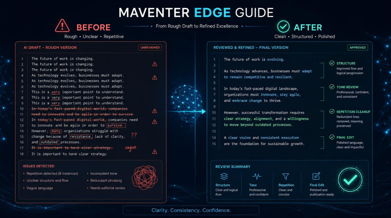 Maventer Edge Guide before and after text refinement on a dark background
