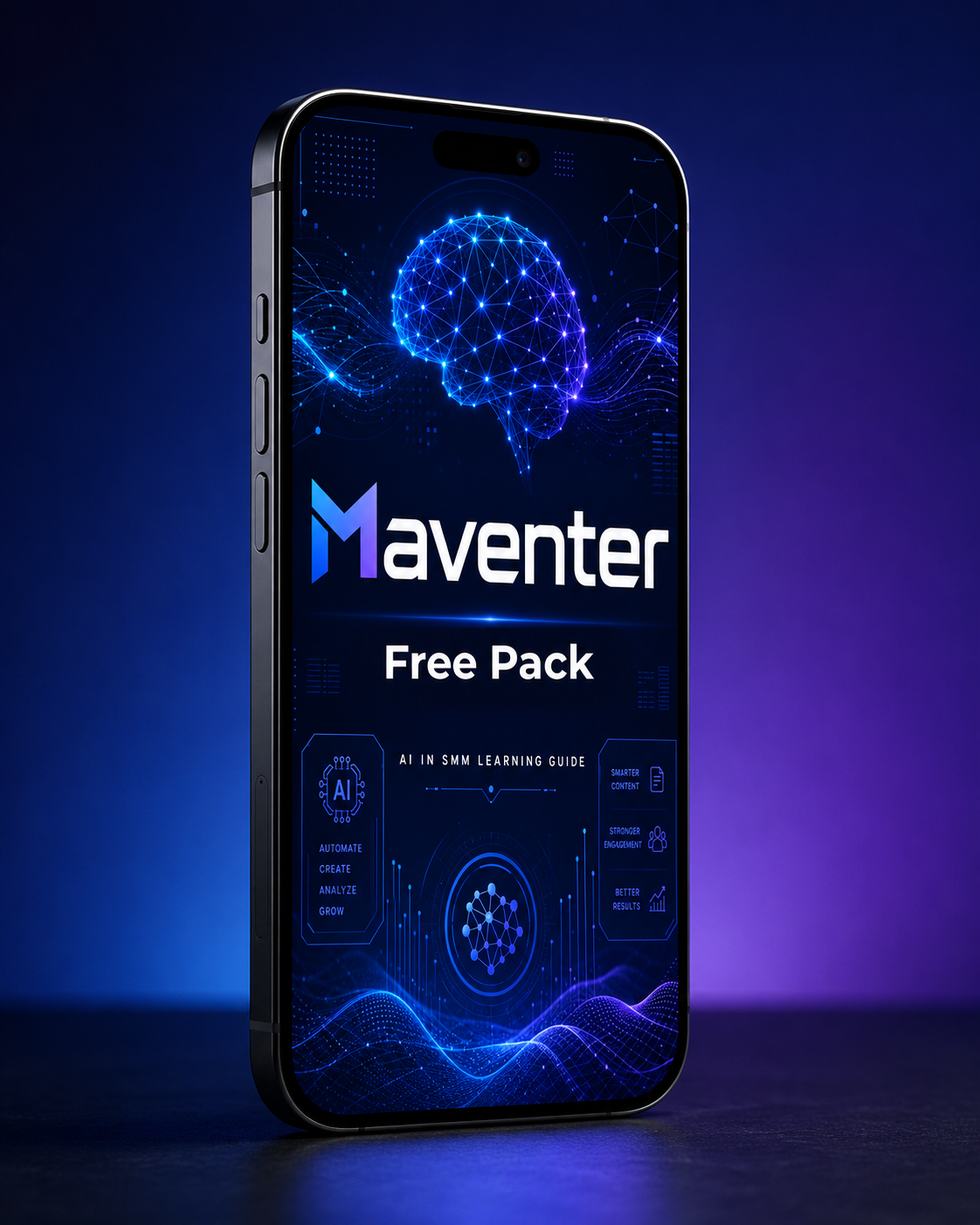 Phone displaying Maventer Free Pack with blue and black design on a dark background