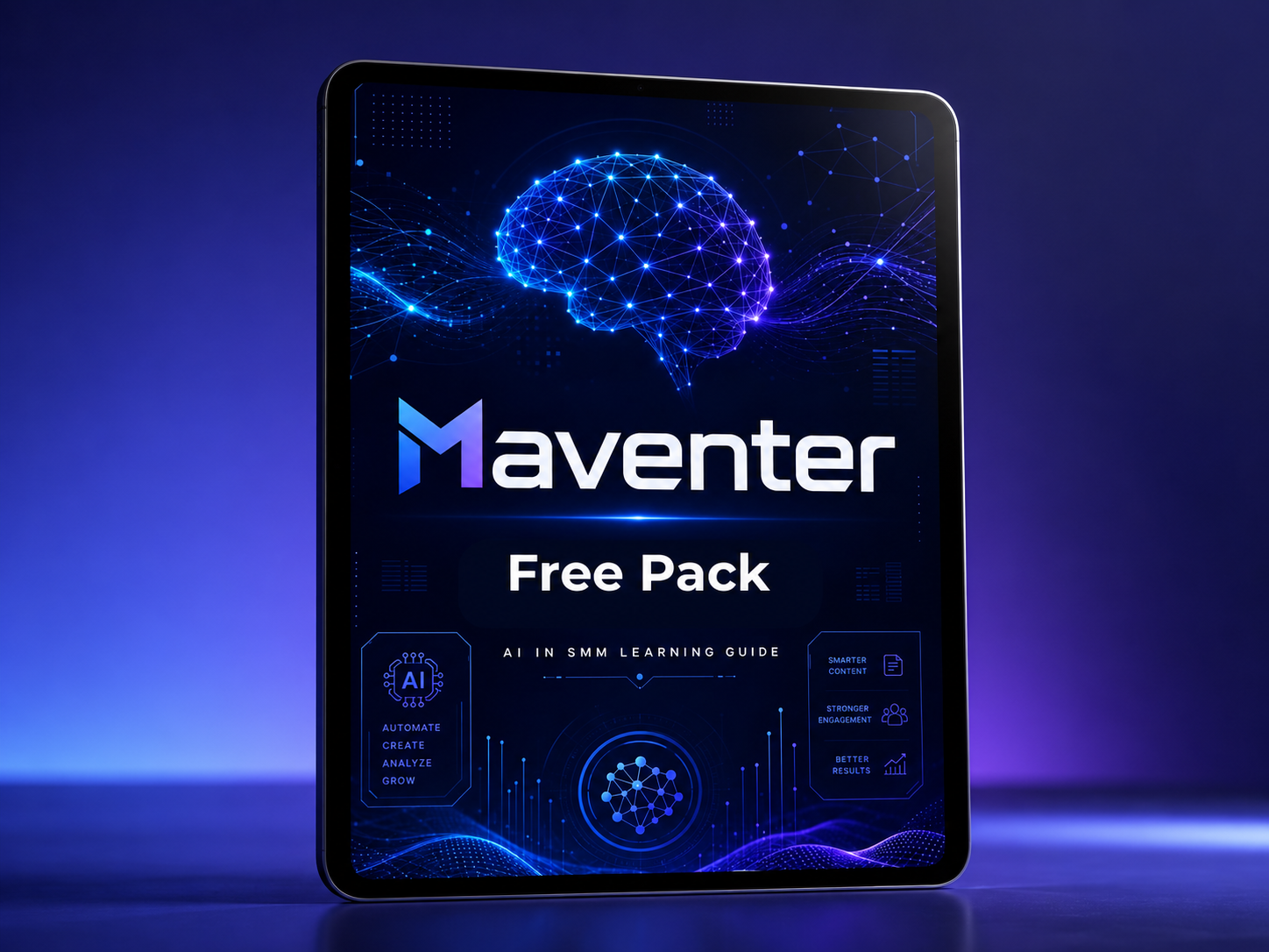 Tablet displaying the Maventer logo and 'Free Pack' text on a dark background