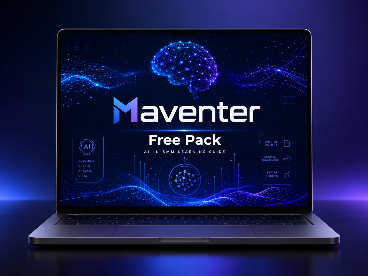 Laptop displaying the Maventer Free Pack with a blue and black theme