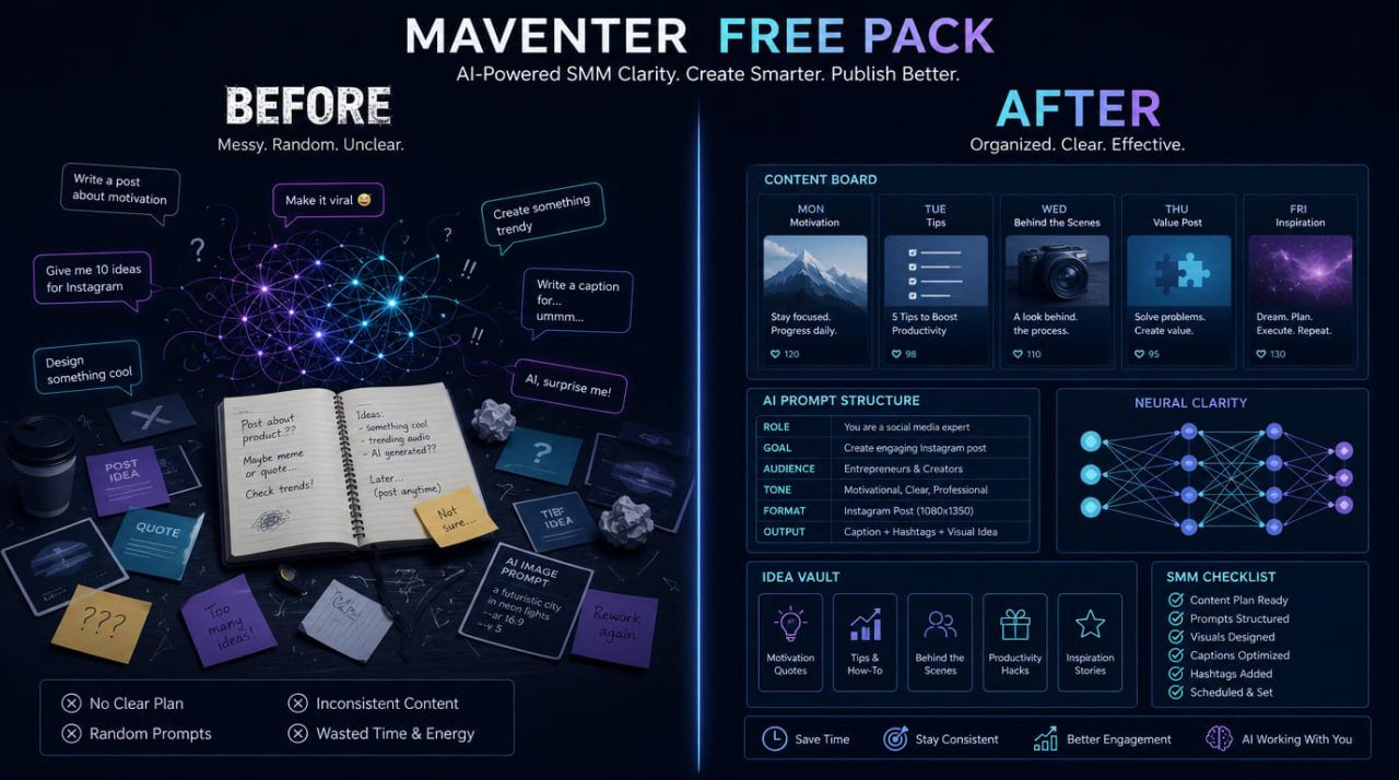 Comparison of 'Before' and 'After' with Maventer Free Pack on a dark background