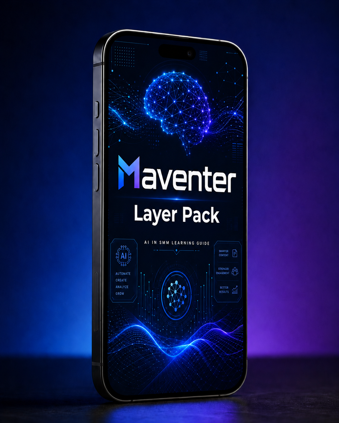 Phone displaying Maventer Layer Pack with blue and black design on a dark background