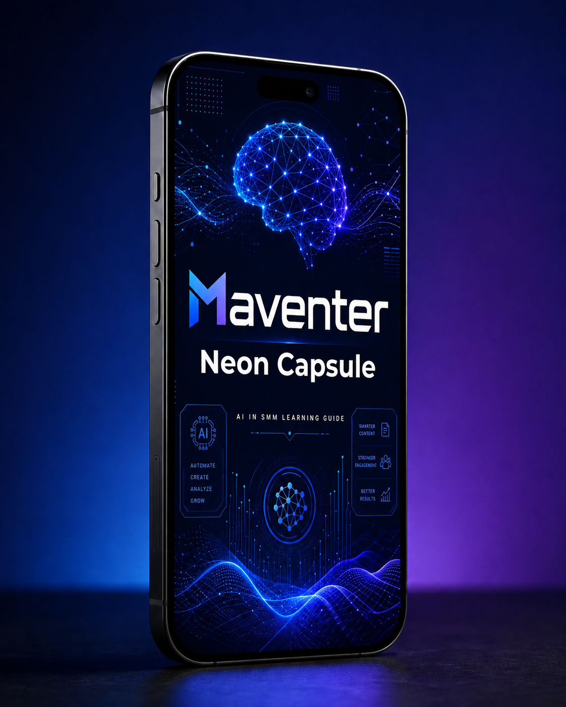 Smartphone displaying the Maventer Neon Capsule app interface on a dark background