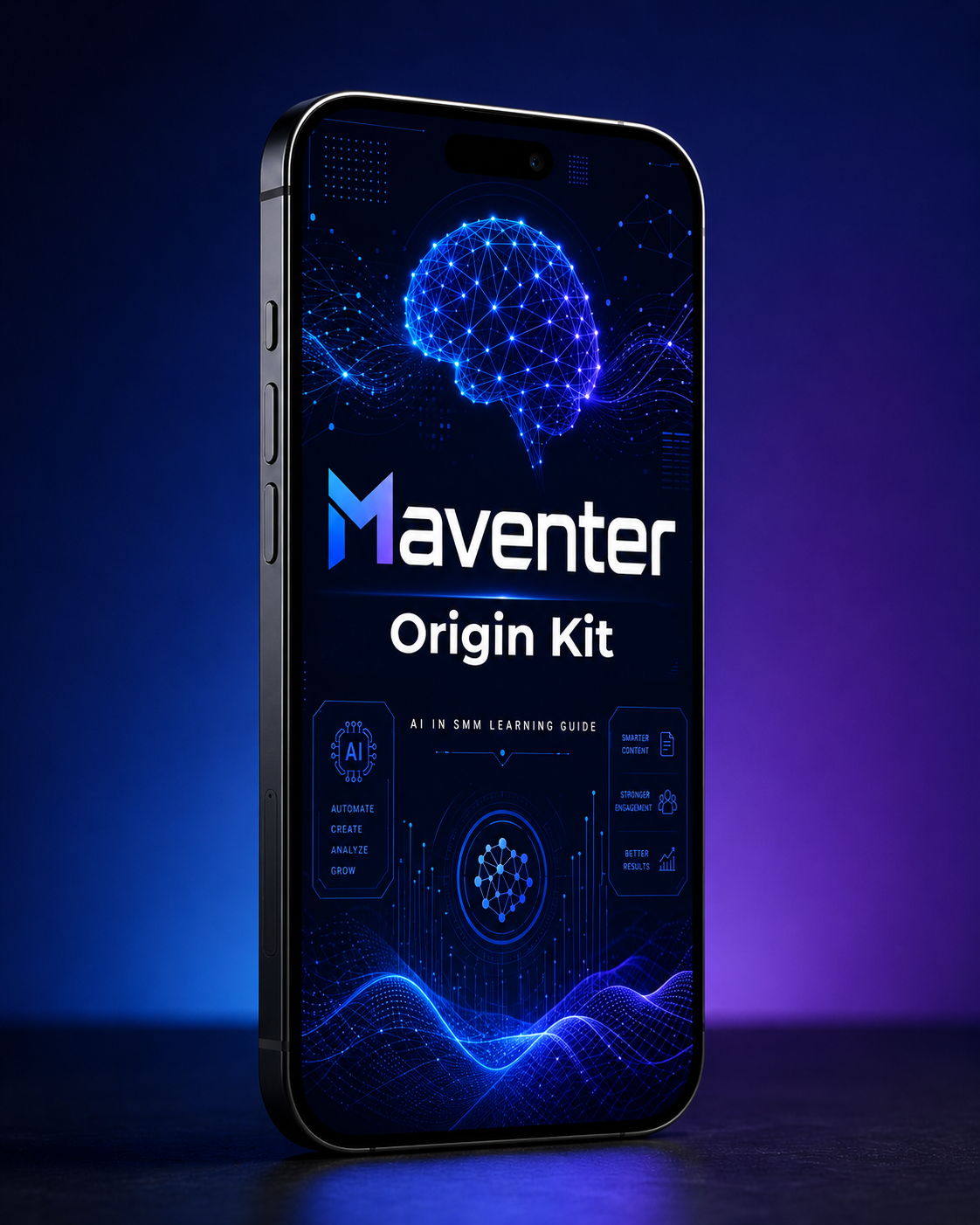 Smartphone displaying the Maventer Origin Kit app with a blue and black theme.