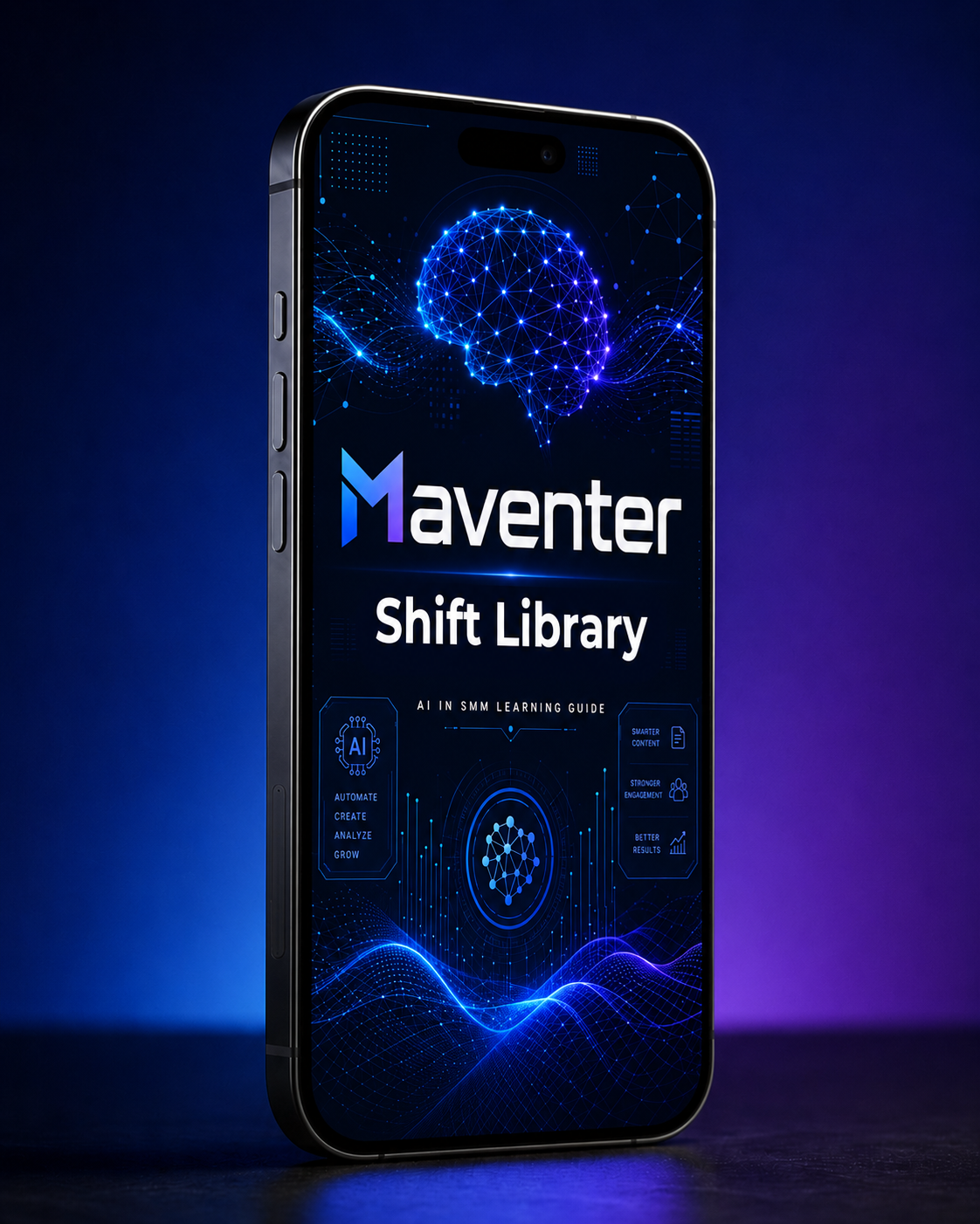 Phone displaying Maventer Shift Library app interface with blue and black design