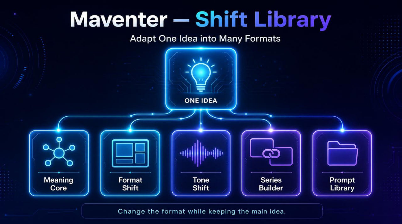Maventer Shift Library diagram on a dark background with glowing blue elements.