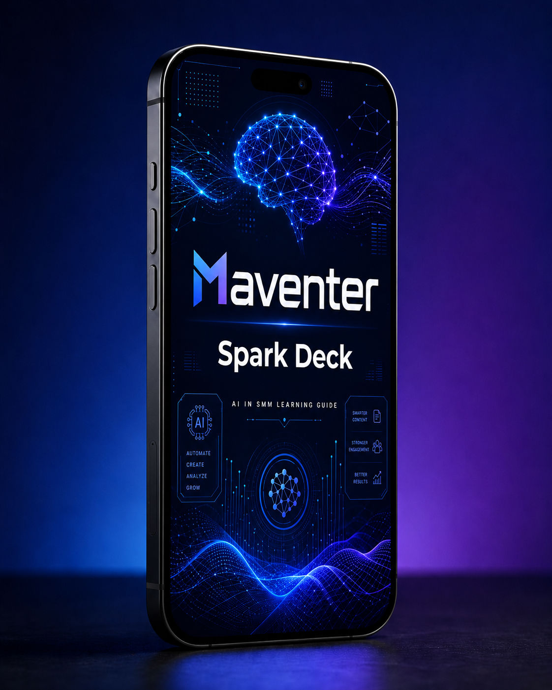 Phone displaying the Maventer Spark Deck app interface with a blue and purple gradient background