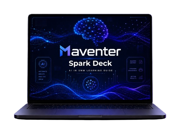 Laptop displaying the Maventer Spark Deck interface with a blue and black theme.