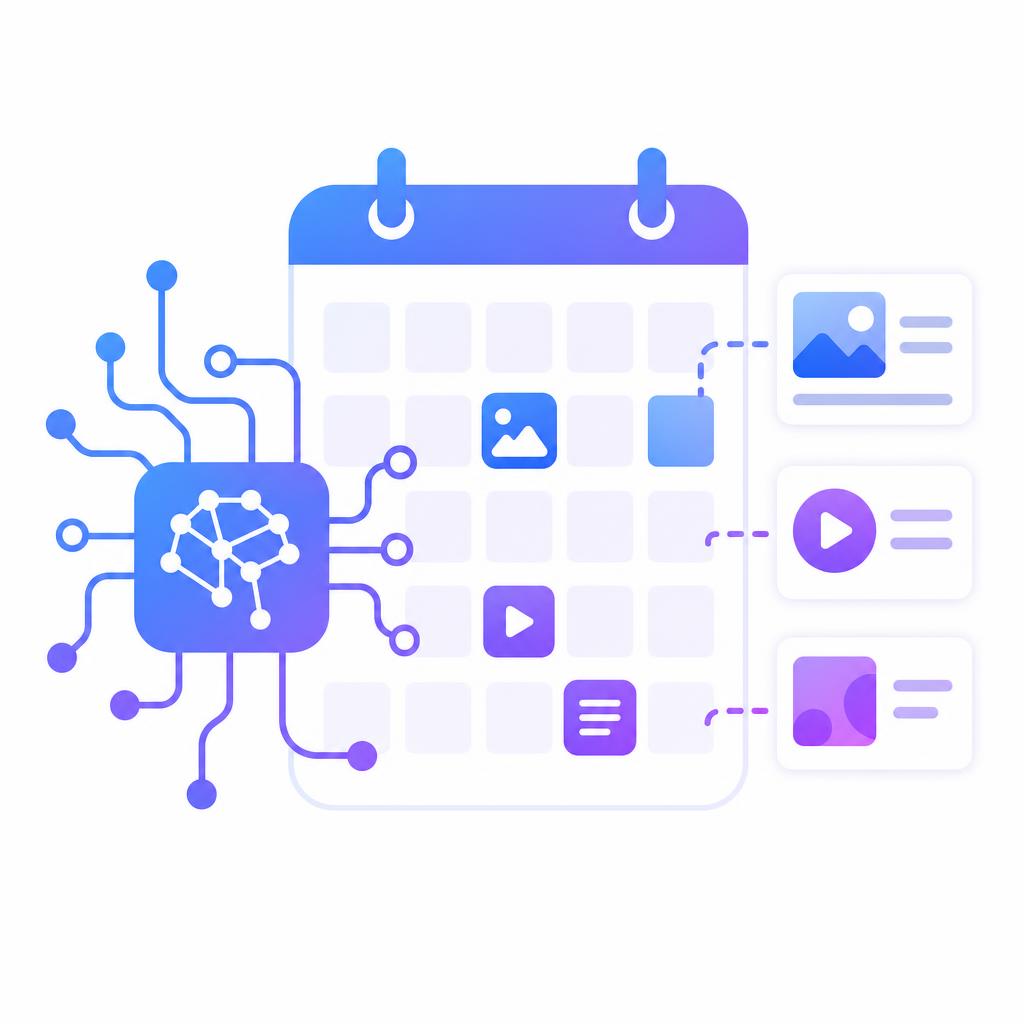 Illustration of a calendar with digital icons on a white background