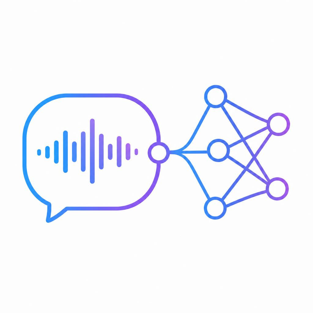 Gradient icon of a speech bubble with sound waves and a network diagram on a white background