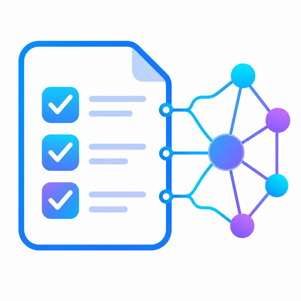 Icon of a document with checkboxes and a network diagram on a white background